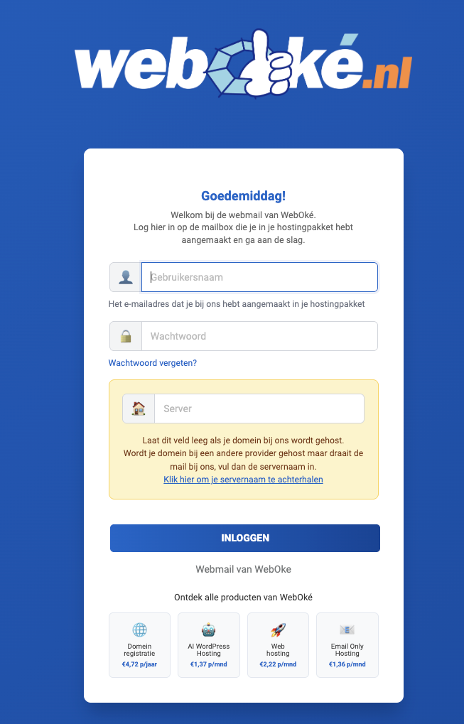 Inloggningssida för WebOké webmail