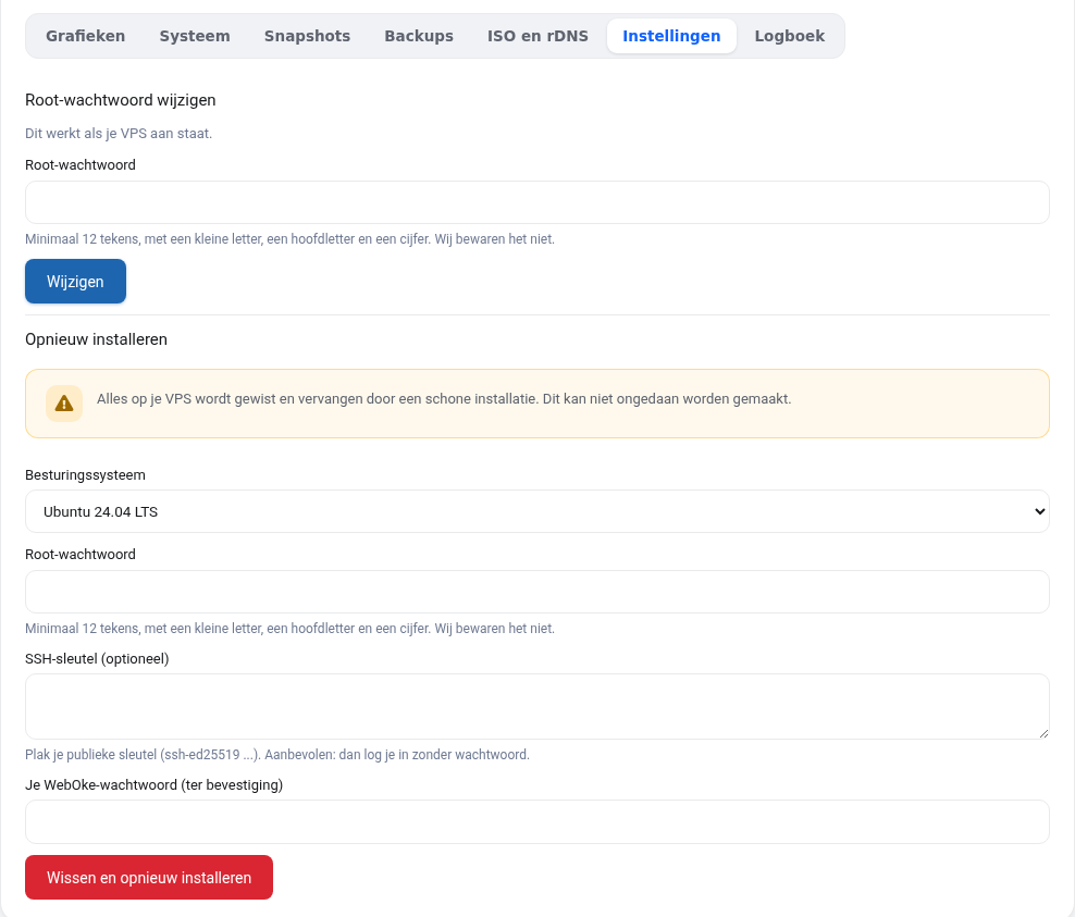 Fliken Inställningar med byte av root-lösenord och ominstallation